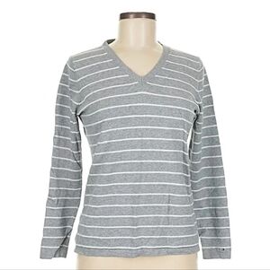 Tommy Hilfiger Gray and White Striped V-Neck Top